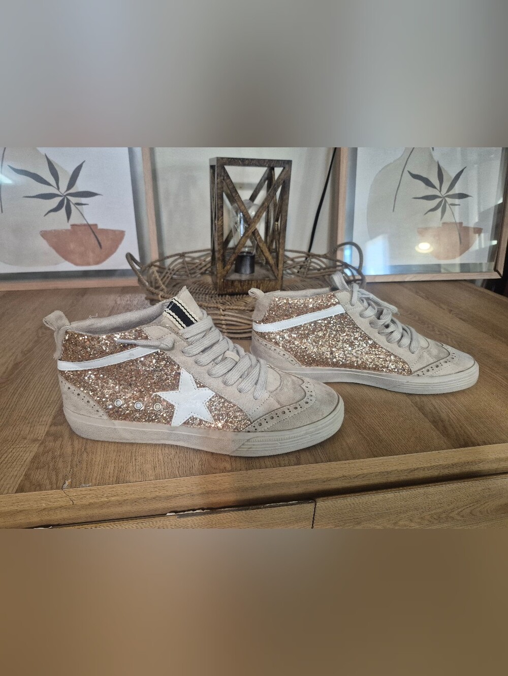 ShuShop Rose Gold Glitter High-Top Sneakers with White Star